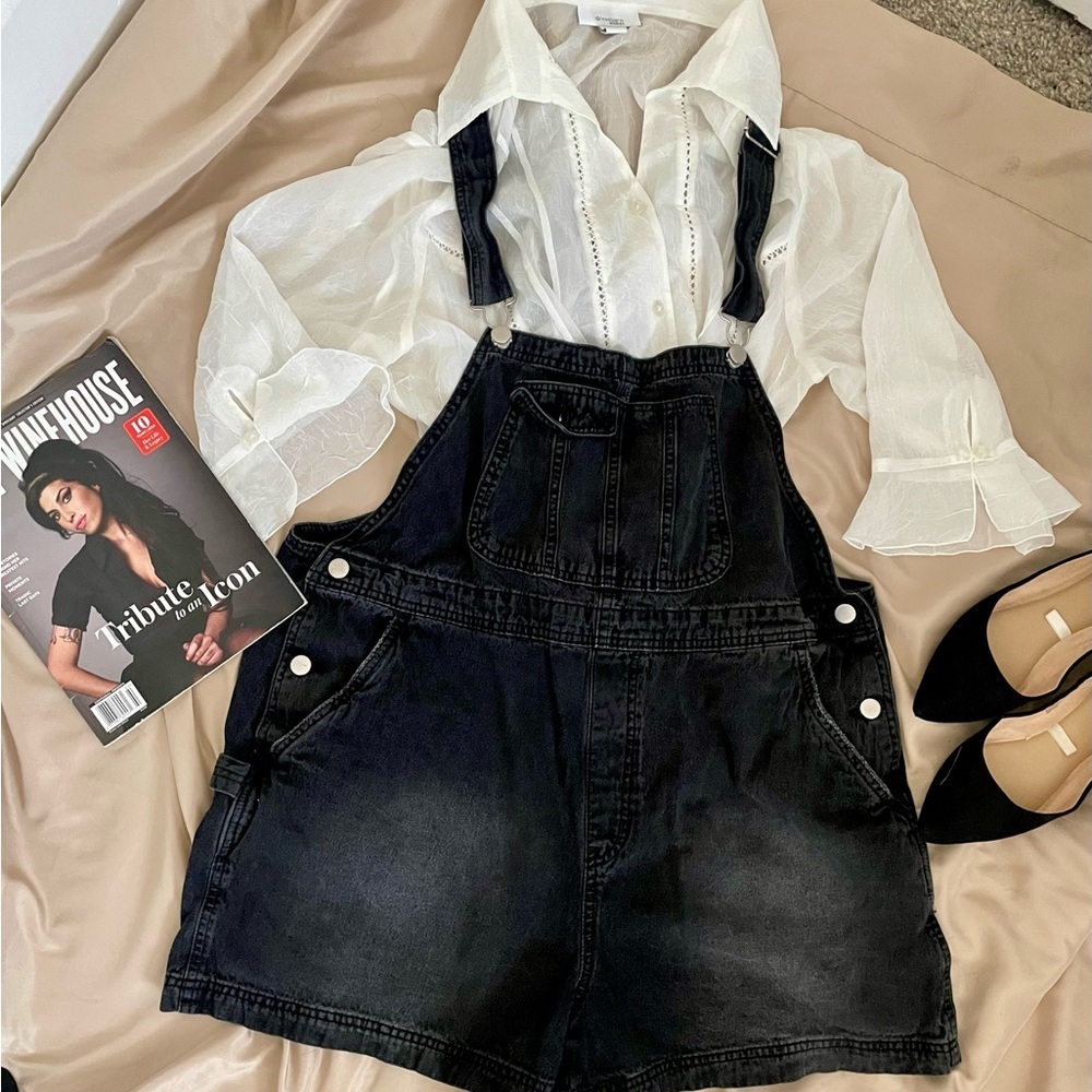 Women’s Black Denim Overalls Sheer Ruffle top outfit
